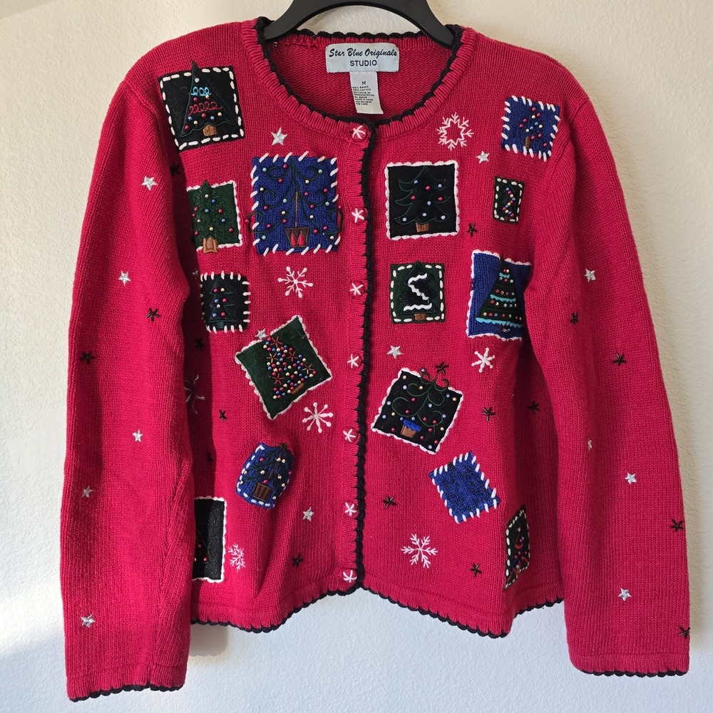 VTG Women's Sz Medium Button Up Christmas Ugly Sweater Ramie Cotton Boxy *Flawed - Picture 2 of 15